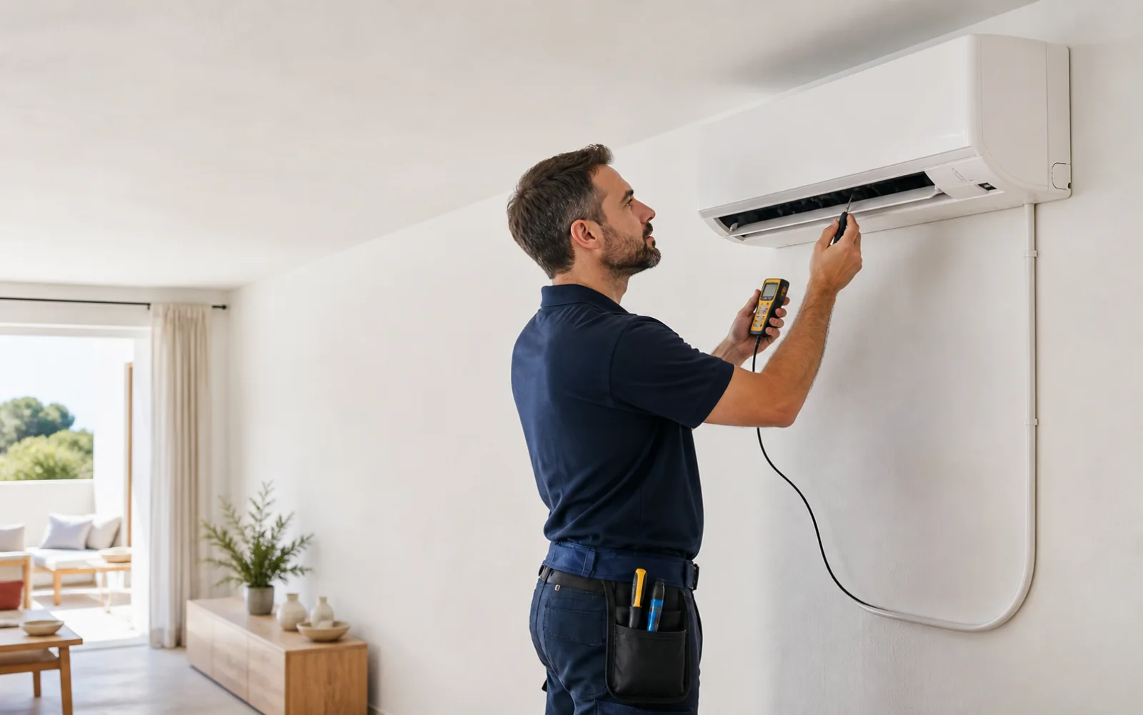 Técnico comprobando un equipo de aire acondicionado recién instalado